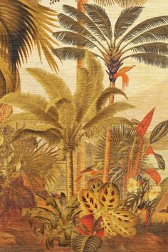 an image of a painting with plants and animals in the background, including palm trees