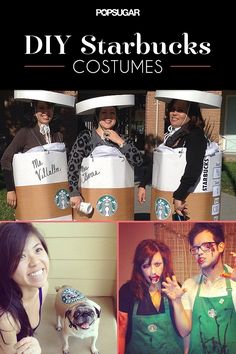 four pictures of people dressed up as starbuckss and one has a dog in a box