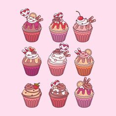 cupcakes with different toppings are arranged in a row on a pink background