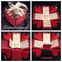 four different pictures show the inside of a box with hearts on it and two pieces of paper cut out to look like gift boxes