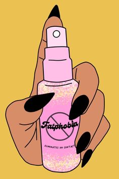 a hand holding a pink spray bottle with black nail polish on it and the words fauchabba written in white