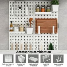 an image of a kitchen with accessories on the pegboard and in the background there is text that says accessories combination