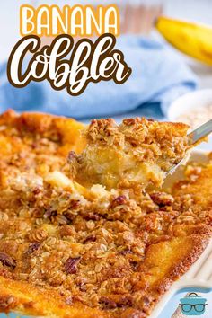 a close up of a banana cobbler on a plate