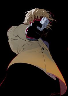 an anime character holding a cell phone up to his ear and wearing a trench coat