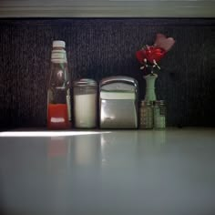 there are three bottles and two jars on the counter next to each other with flowers in them