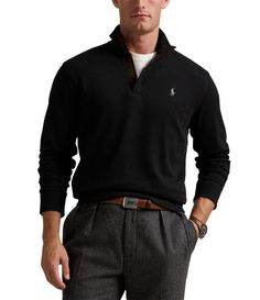 From Polo Ralph Lauren&#x2C; this pullover features:Ribbed mock neckLong sleeves with ribbed cuffsQuarter-zip placket with faux-suede trimSignature embroidered pony at the left chestRibbed hemCotton/viscose/other fibersMachine wash/tumble dryImported. Mens Quarter Zip, Polo Sweatshirt, Quarter Zip Sweater, Ralph Lauren Long Sleeve, Hoodies Mens, Ralph Lauren Collection, Double Knit, Ralph Lauren Sweater, Quarter Zip Pullover