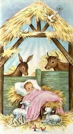 a baby jesus in the manger with his animals