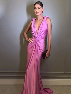 Satin Pleated Pink Cross Cut Maxi Dress Maxi Dress Stores, Maxi Dress Elegant, Pink Cross, V Neck Prom Dresses, Pink Maxi, Pink Prom Dresses, Pleated Maxi Dress, Pleated Maxi, Dress Satin