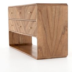 a wooden cabinet with drawers on one side and an open drawer at the other end