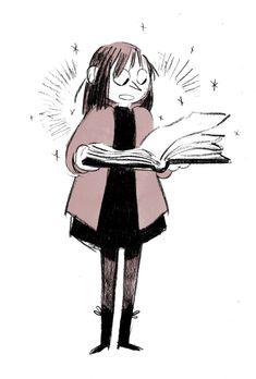 a drawing of a girl reading a book with stars coming out of her head and arms