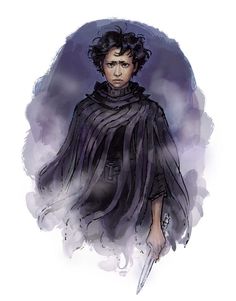 a drawing of a woman with a knife in her hand and wearing a black cape