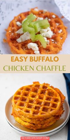 easy buffalo chicken waffles with cheese and jalapenos on the side