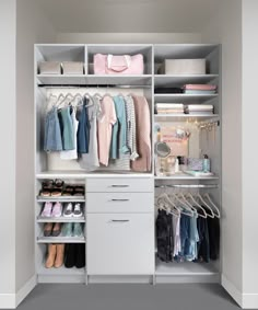 an organized closet with clothes and shoes