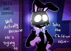 an animated rabbit with words written on it's face in front of a purple background