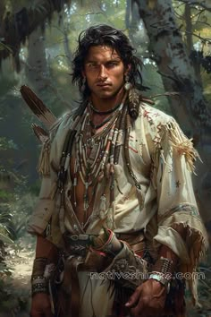 a painting of a native american man in the woods