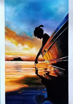 a painting of a person leaning on a boat in the water with an orange sunset behind them