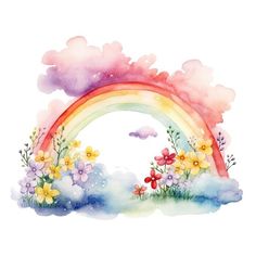 a watercolor painting of a rainbow and flowers