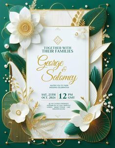 an elegant wedding card with flowers and leaves on the front, in gold and green