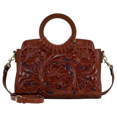 Patricia Nash Lyon Tooled Leather Satchel Crossbody  Lend opulent elegance to your look with this gorgeous crossbody that is crafted in gorgeous cavo-tooled, colorblocked leather. With pretty round handles, an adjustable/detachable shoulder strap and a spacious interior, it meets the needs of any occasion. Leaf Logo, Tooled Leather, Pig Skin, Strap Tops, Leather Tooling, Leather Satchel, Satchel Bags, Fashion Handbags, Lyon