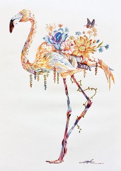 a painting of a flamingo with flowers on it