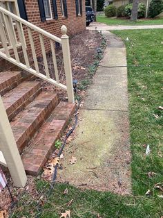 the grass is growing on the sidewalk next to the steps in front of the house