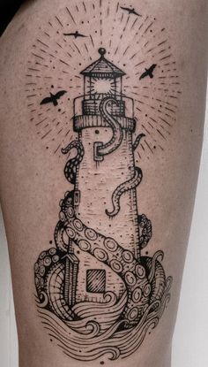 a black and white image of a lighthouse with an octopus on it's thigh