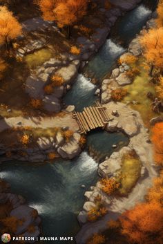 an aerial view of a bridge over a river in the middle of trees with orange leaves