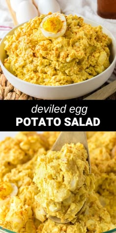 deviled egg potato salad in a bowl with a spoon and an egg on top