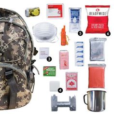 the contents of a camouflage backpack are shown in this image, including an assortment of items