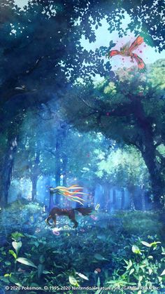 a painting of a horse in the middle of a forest with butterflies flying above it