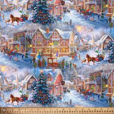 a christmas village scene with horses and sleighs