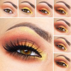 Autumn eye Orange Eyeshadow Looks, Eyeshadow Application, Blusher Makeup, Everyday Eye Makeup, Hazel Eye Makeup, Orange Eyeshadow, Yellow Eyeshadow, Orange Makeup