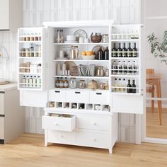 This storage cabinet provides ample space to organize kitchen essentials. Made of durable solid pine, it surpasses MDF in terms of sturdiness and durability. Large Kitchen Pantry, Freestanding Kitchen Storage, Wooden Kitchen Storage, Freestanding Kitchen Pantry, Kitchen Storage Cabinet, Organize Kitchen, Kitchen Pantry Storage Cabinet, Organizing Kitchen, Pantry Storage Cabinet