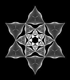 an intricate white star on black background with swirls and waves in the center, as if