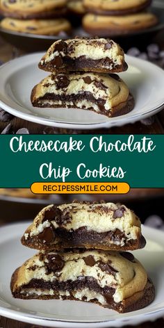 three chocolate chip cookies stacked on top of each other with the words cheesecake chocolate chip cookies