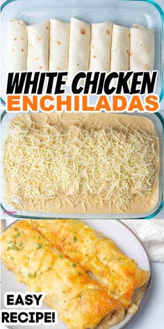 white chicken enchiladas in a casserole dish with text overlay