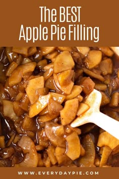 homemade apple pie filling in a white bowl with a wooden spoon and text overlay