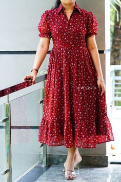 930+£ Women's Midi dress in printed Georgette material. Has collar neck with show buttons, short puff sleeves. Lining and back knot attached.Flared hem. Size- S M L XL Length -46 inches Siaj2 message for 8309952807 if anyone want to buy or start reselling also Long Frocks With Collar Neck, Nee Length Frock, Collar Neck Gown Designs, Womens Frocks Dresses, Collar Neck Long Frock Designs, Frock Models Short, New Western Dress Designs, Collar Frock Designs, Frocks With Collar Neck