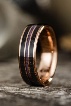 rose gold ring black purple gemstone inlays rustic and main. Gold Wedding Rings For Men, Gold Wedding Bands For Men, Unique Gold Wedding Bands, Unique Gold Wedding Rings, Wedding Bands Unique, Wedding Rings For Men, Irish Tartan, Purple Heart Wood