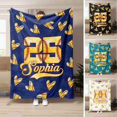 a group of towels with the number 55 on them and softballs in gold letters