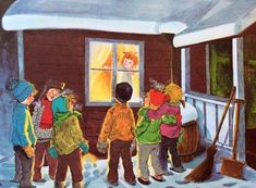 a painting of children standing in front of a house with snow on the ground and brooms