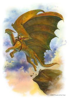 a painting of a dragon flying over a cliff