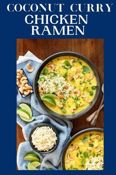 two bowls of coconut curry chicken ramen with cashews and lime on the side