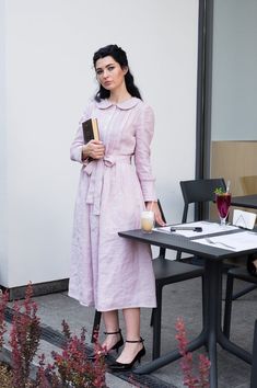 ODETTE linen dress with long sleeves, wedding dress, midi dress, evening retro dress, peter pan coll Midi Dress Evening, Long Sleeves Wedding Dress, Dress Peter Pan Collar, Sleeves Wedding Dress, Rustic Dresses, Retro Style Dress, Flare Long Sleeve, Maxi Shirts, Cottagecore Dress