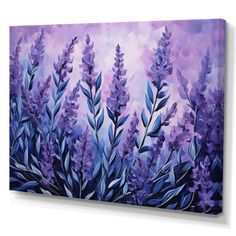 a painting of purple flowers against a blue sky with clouds in the background canvas wall art print