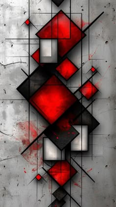 an abstract painting with red and black squares