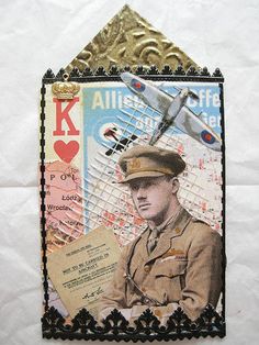 an altered photograph of a man in uniform with a plane on it's back