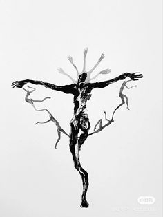 a black and white photo of a man on a cross with arms spread out in the air