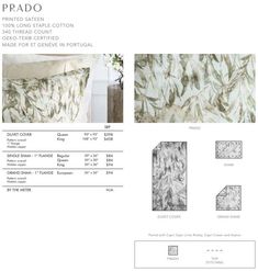 the product page for prado's new bedding collection