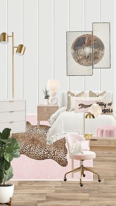 the bedroom is decorated in pink, white and gold tones with leopard print on the bedding